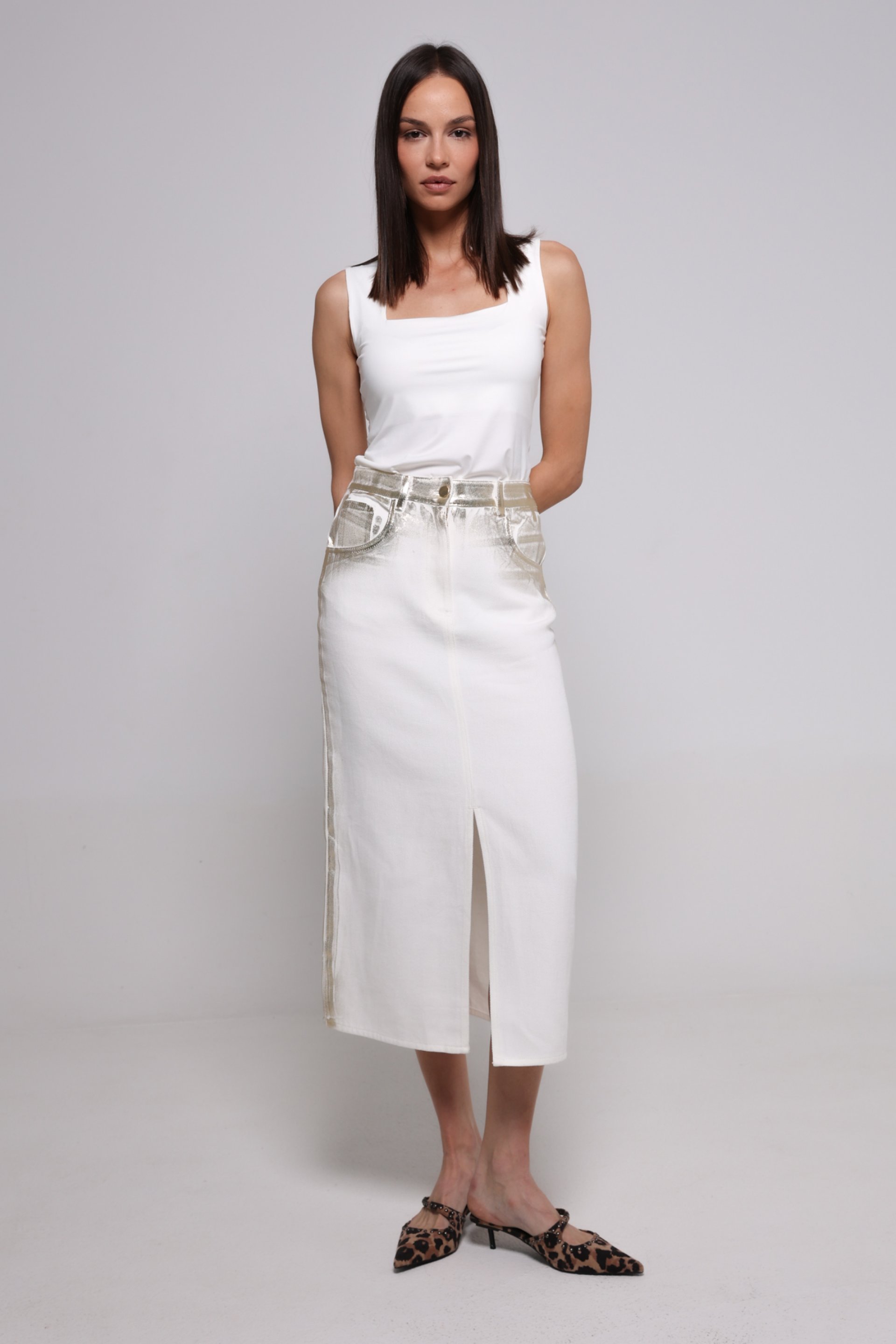 MIDI TEKSAS SUKNJA SA ZLATNIM PREMAZOM – PS Fashion, MIDI TEKSAS SUKNJA SA ZLATNIM PREMAZOM