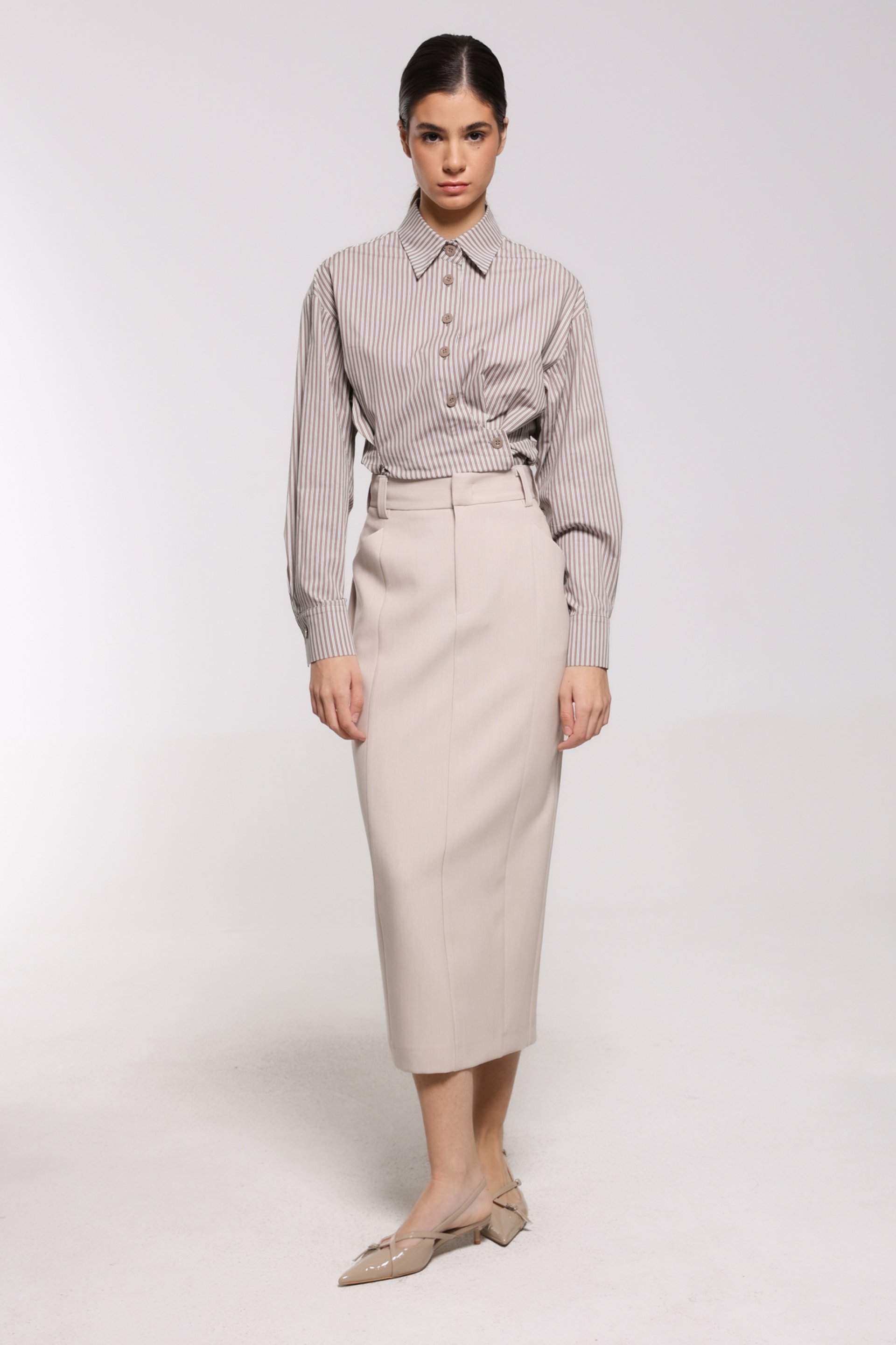 ELEGANTNA MIDI SUKNJA VISOKOG STRUKA U BEŽ NIJANSI – PS Fashion, ELEGANTNA MIDI SUKNJA VISOKOG STRUKA U BEŽ NIJANSI