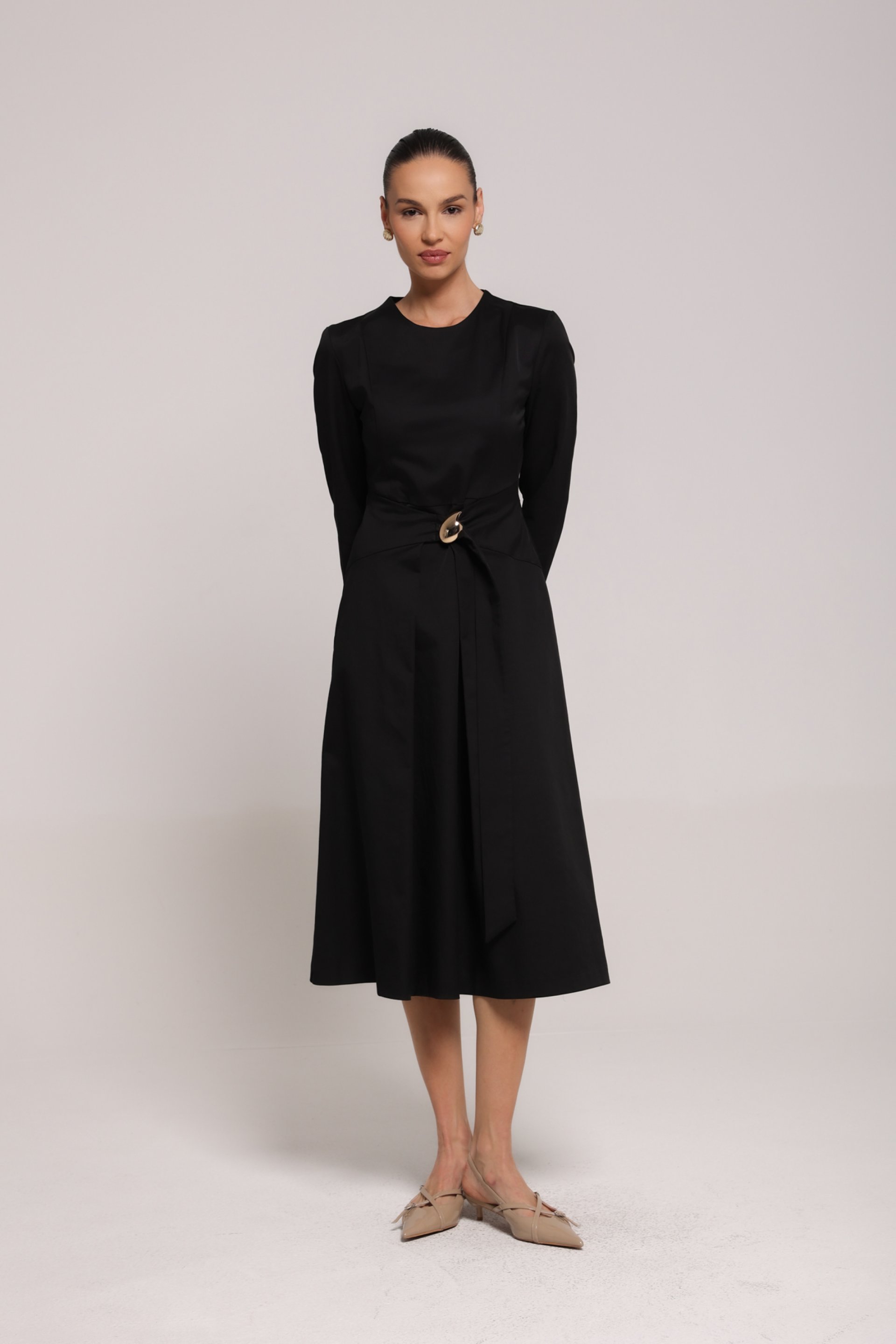 CRNA MIDI HALJINA SA POJASOM – PS Fashion, CRNA MIDI HALJINA SA POJASOM