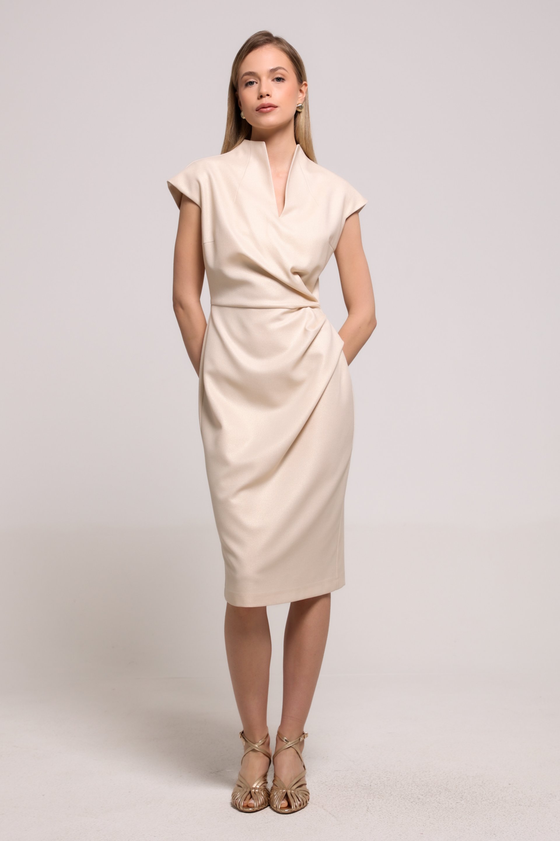 BEŽ HALJINA SA DRAPIRANIM DETALJEM – PS Fashion, BEŽ HALJINA SA DRAPIRANIM DETALJEM