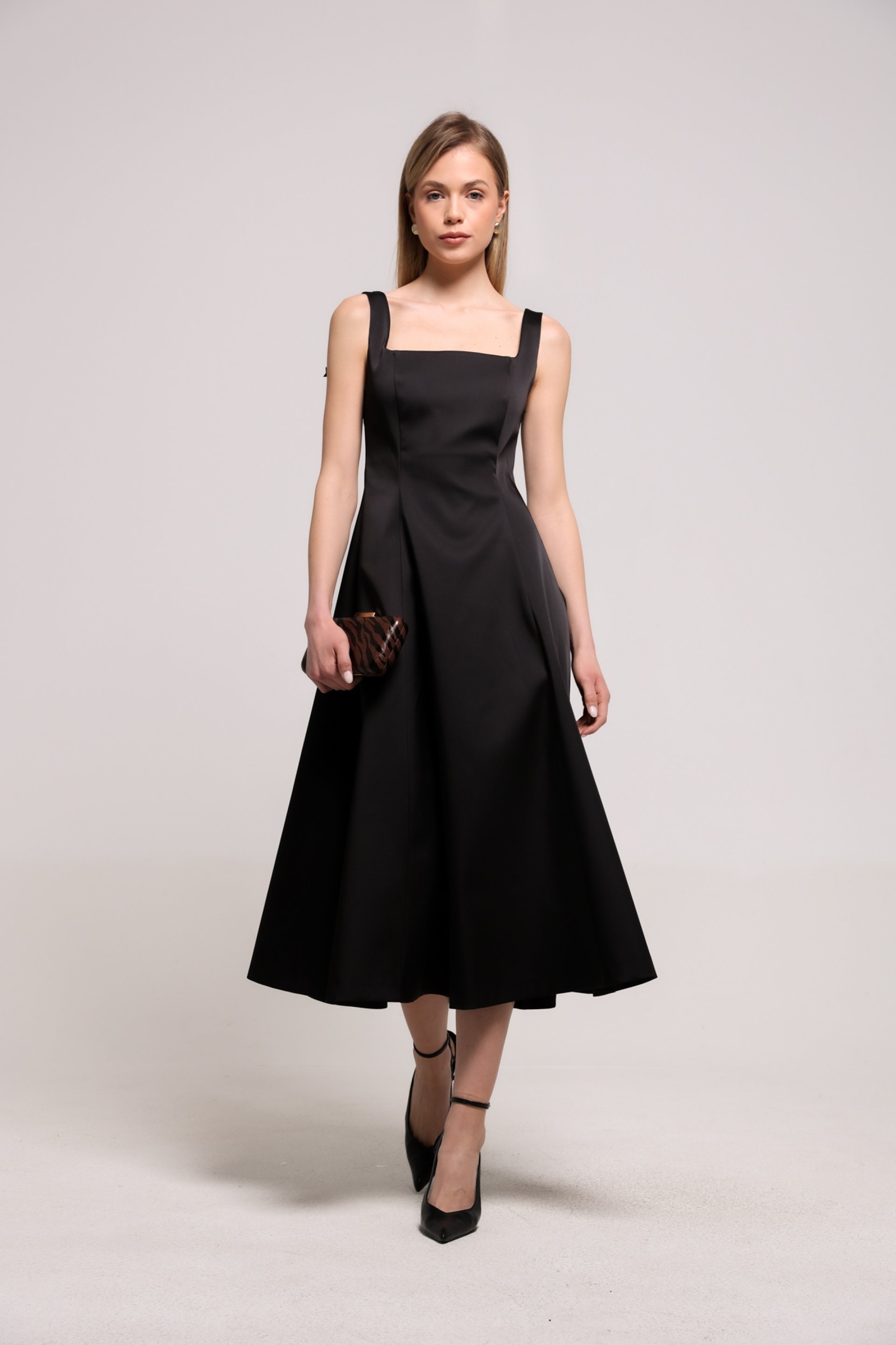 CRNA MIDI HALJINA A-KROJA – PS Fashion, CRNA MIDI HALJINA A-KROJA