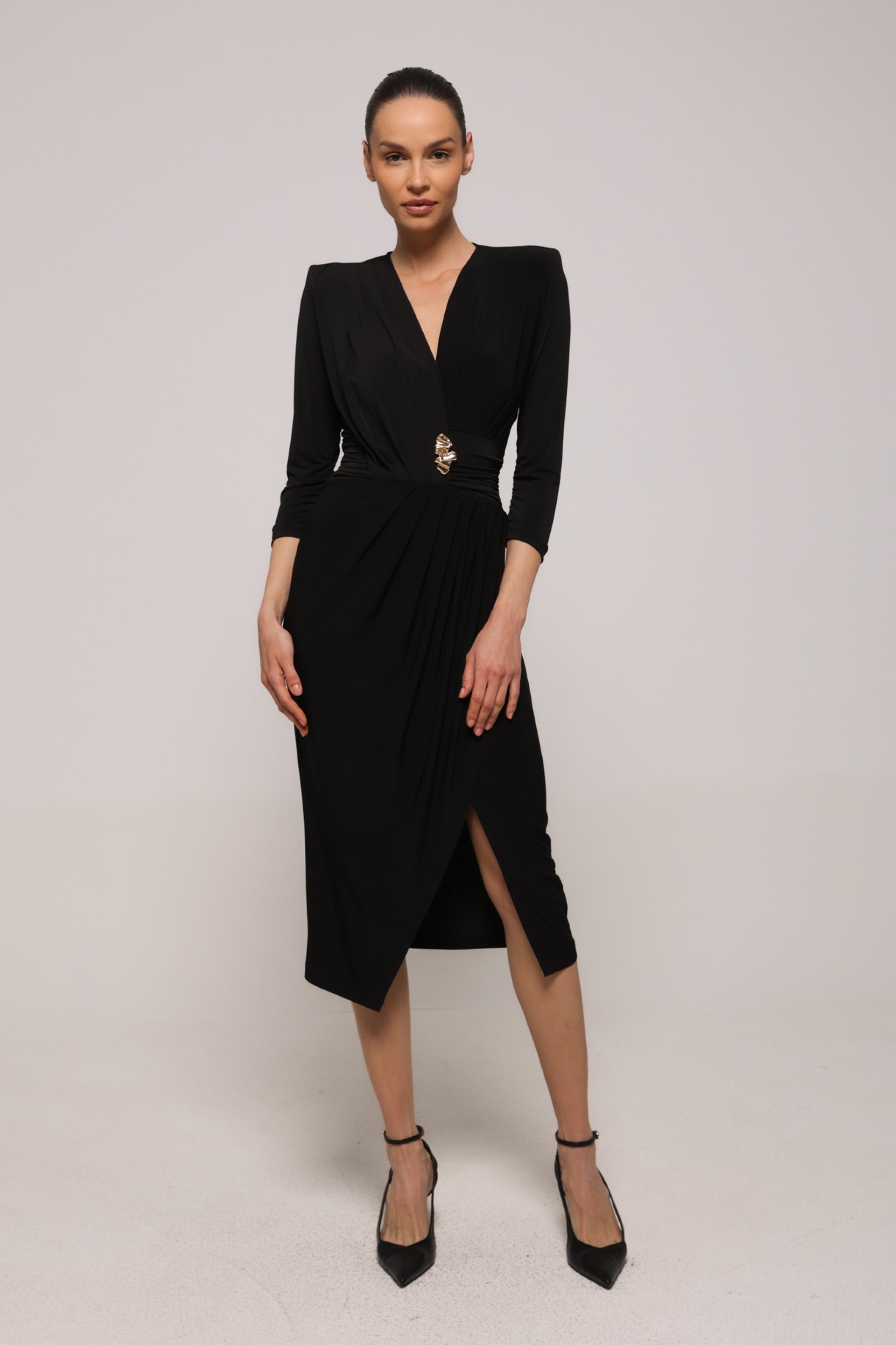 CRNA MIDI HALJINA SA DRAPIRANIM DETALJIMA – PS Fashion, CRNA MIDI HALJINA SA DRAPIRANIM DETALJIMA